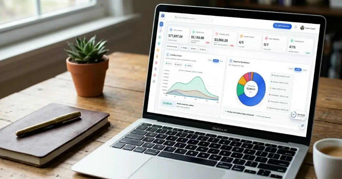 Comprehensive financial dashboard on a MacBook displaying profit and loss data, cashflow trend, and expense breakdown donut chart.
